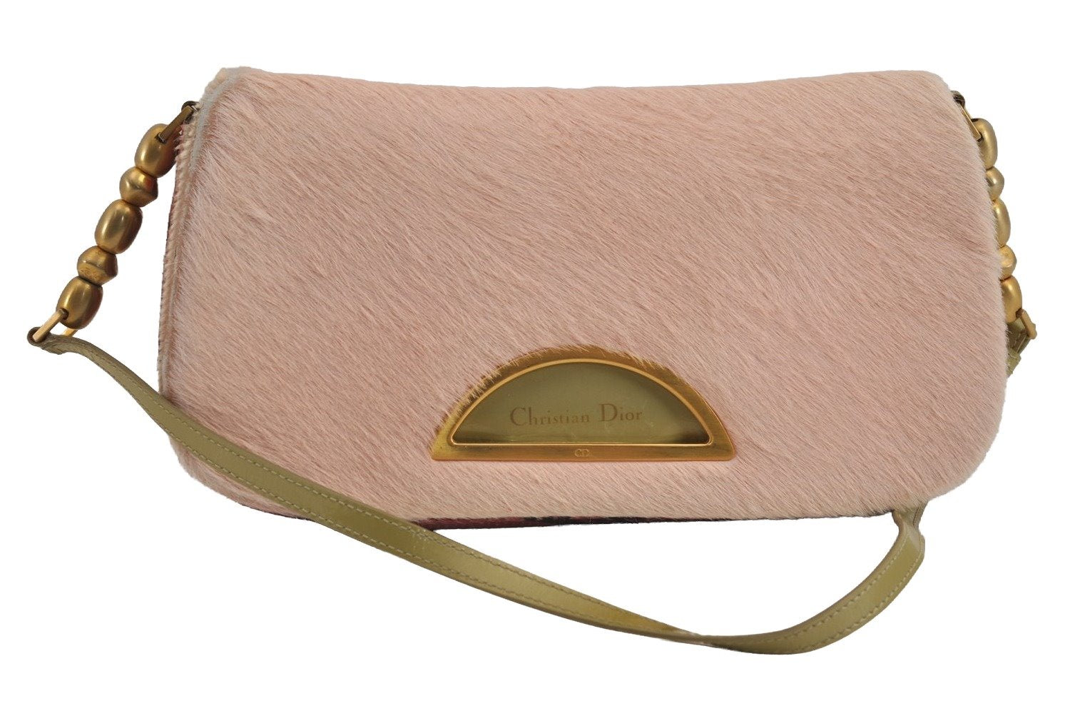 Authentic Christian Dior Maris Pearl Shoulder Bag Unborn Calf Leather Pink 4876J