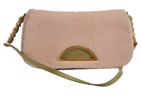 Authentic Christian Dior Maris Pearl Shoulder Bag Unborn Calf Leather Pink 4876J