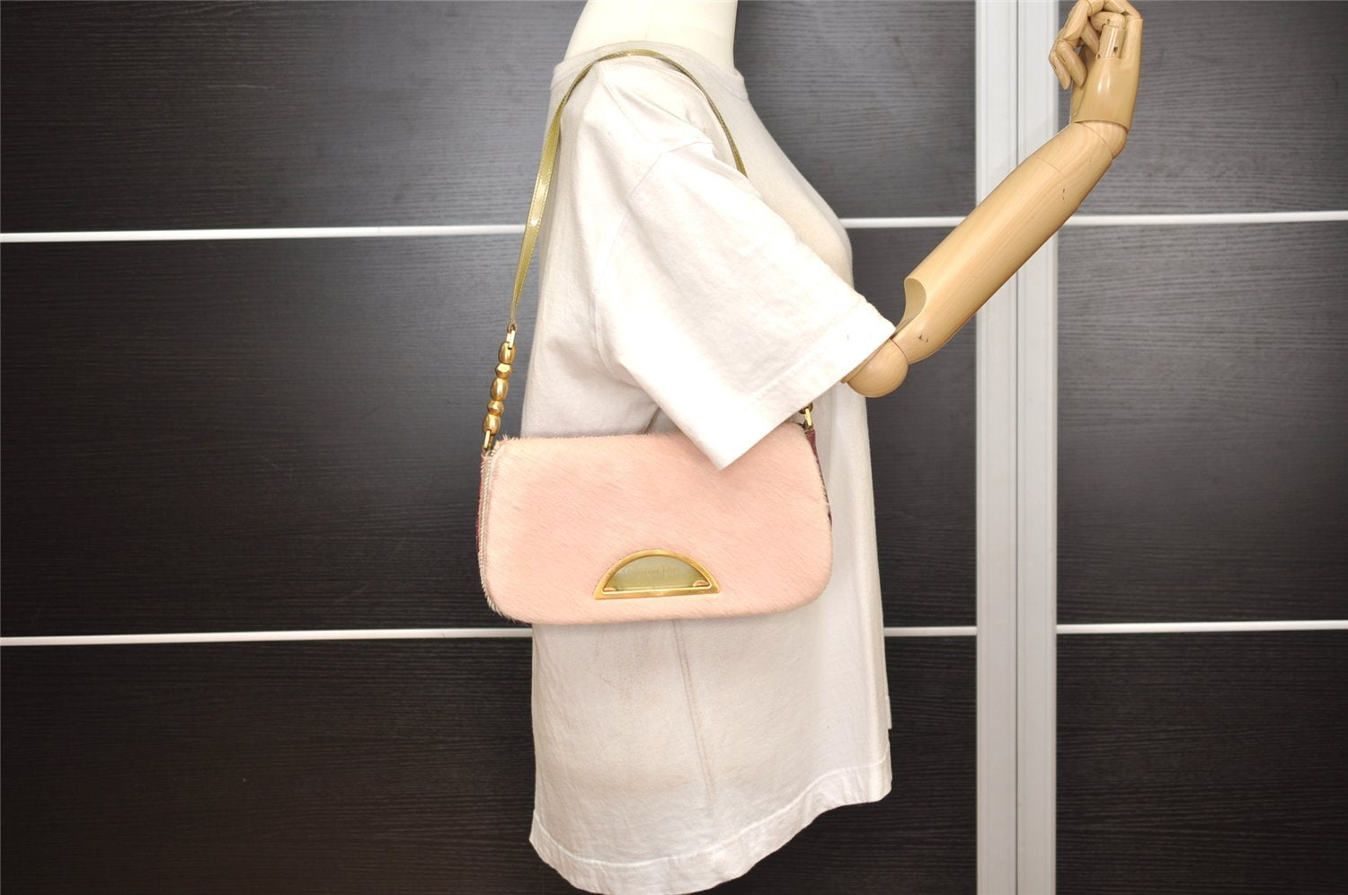 Authentic Christian Dior Maris Pearl Shoulder Bag Unborn Calf Leather Pink 4876J