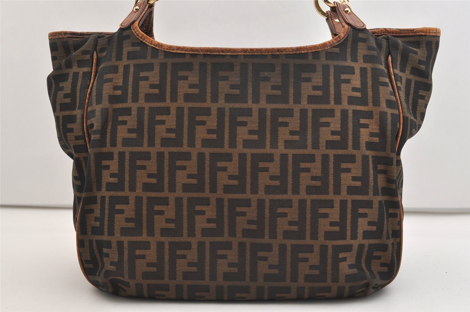 Authentic FENDI Vintage Zucca Shoulder Tote Bag Canvas Leather Brown 4879J