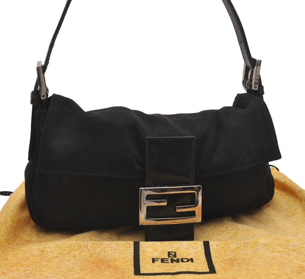 Authentic FENDI Mamma Baguette Shoulder Hand Bag Jersey Leather Black 4882J