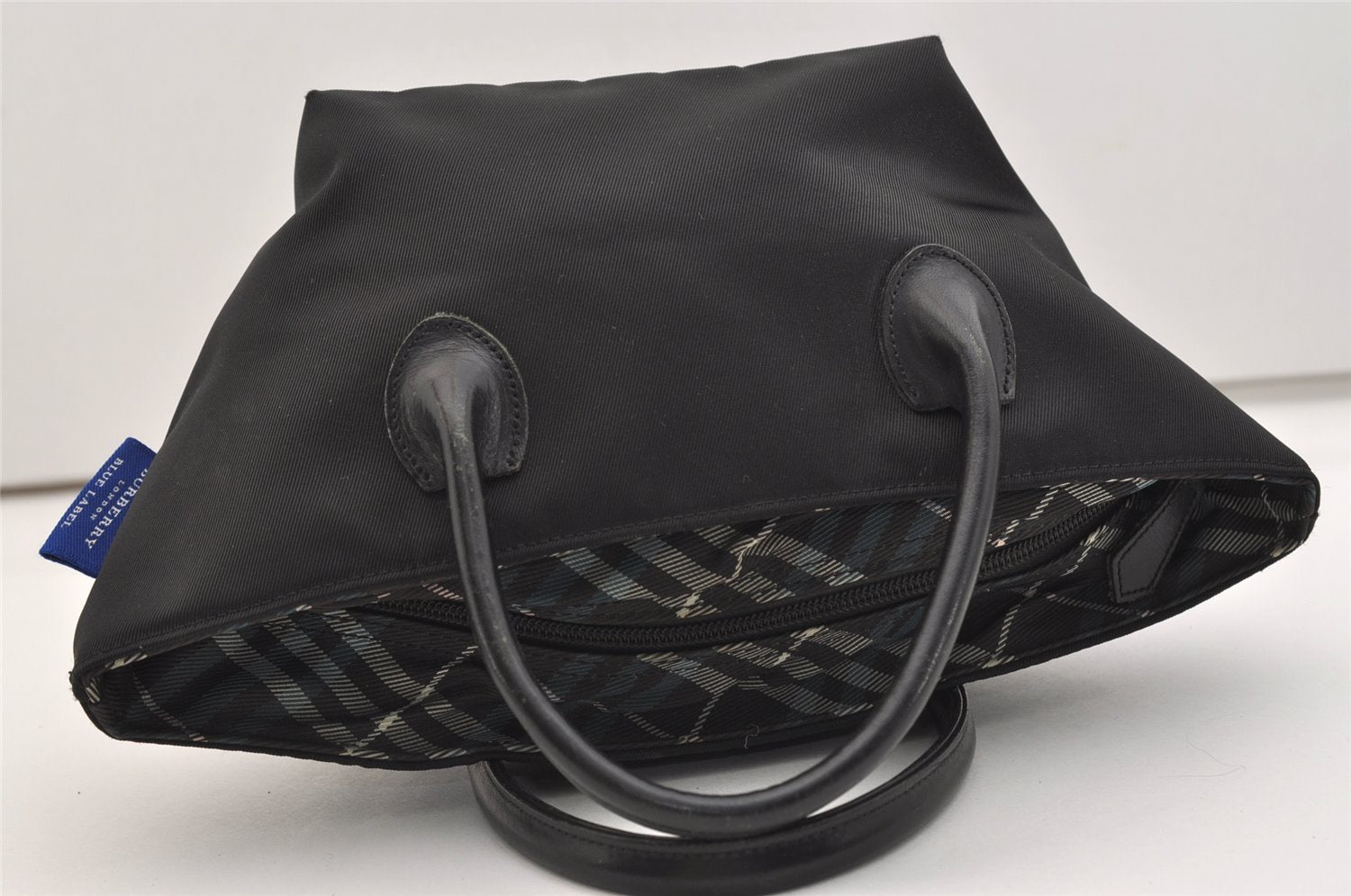 Authentic BURBERRY BLUE LABEL Check Hand Bag Purse Nylon Leather Black 4885J