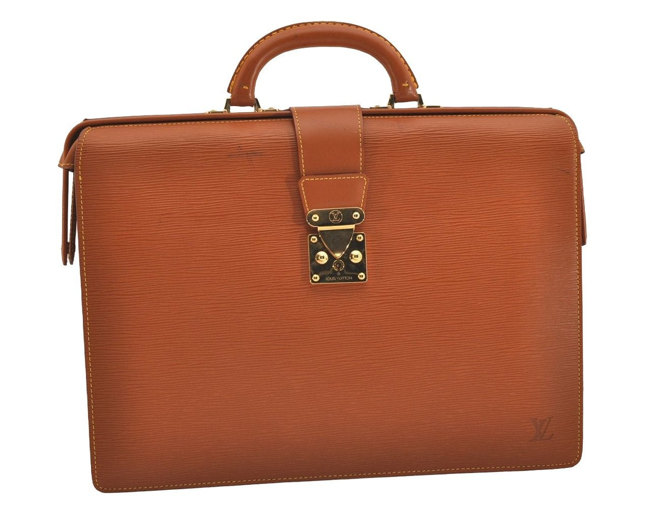 Authentic Louis Vuitton Epi Serviette Fermoir Briefcase Brown M54358 LV 4886J