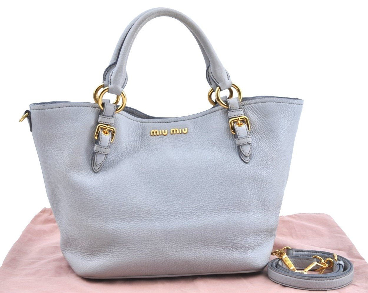 Authentic MIU MIU Leather 2Way Shoulder Crossbody Hand Tote Bag Light Gray 4889H