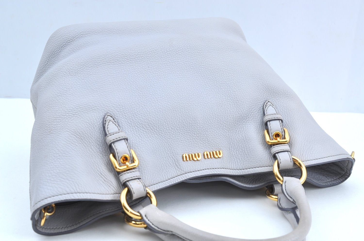 Authentic MIU MIU Leather 2Way Shoulder Crossbody Hand Tote Bag Light Gray 4889H