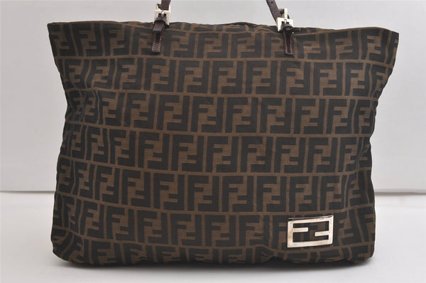 Authentic FENDI Vintage Zucca Shoulder Tote Bag Nylon Leather Brown 4891K