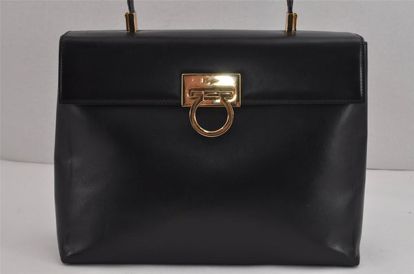 Authentic Salvatore Ferragamo Gancini Leather 2Way Shoulder Hand Bag Black 4893J