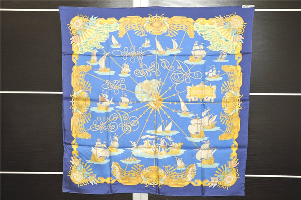 Authentic HERMES Carre 90 Scarf "VOILES DE LUMIERE" Silk Navy Box 4894J