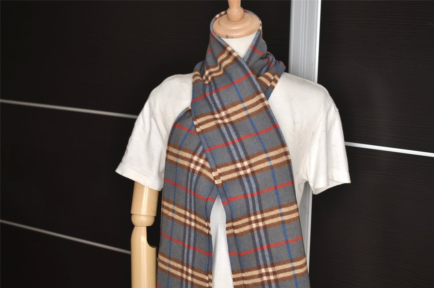 Authentic BURBERRY Vintage Check Cashmere Winter Scarf Stole Blue 4895I