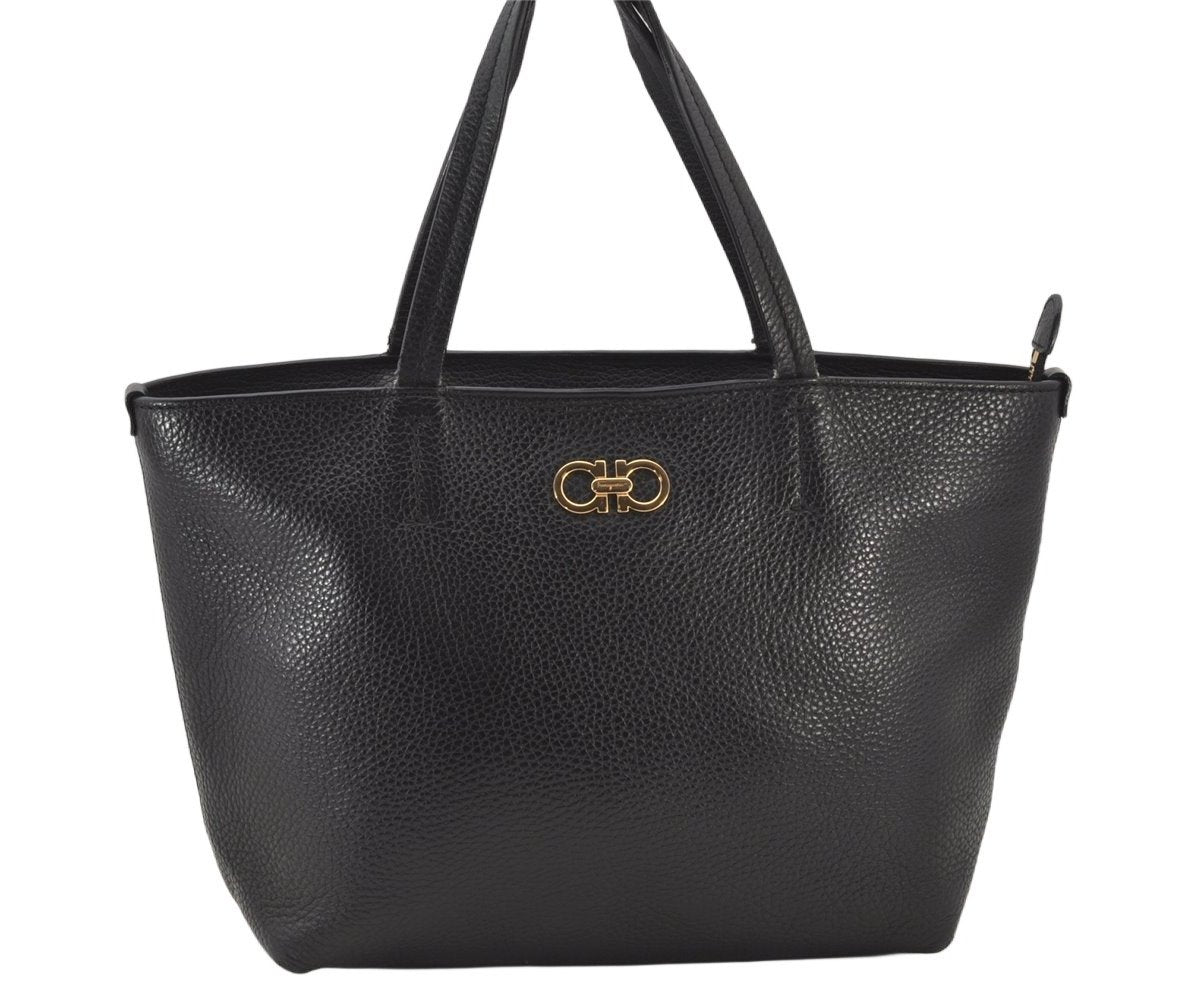 Authentic Salvatore Ferragamo Gancini Leather Tote Hand Bag Black 4895K