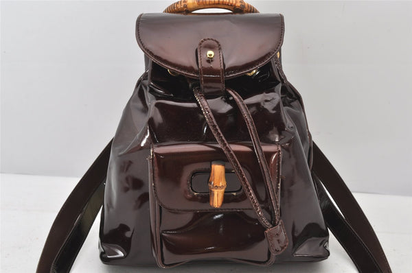 Authentic GUCCI Vintage Bamboo Drawstring Backpack Purse Enamel Brown 4896K