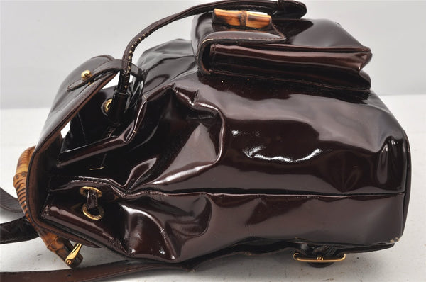 Authentic GUCCI Vintage Bamboo Drawstring Backpack Purse Enamel Brown 4896K