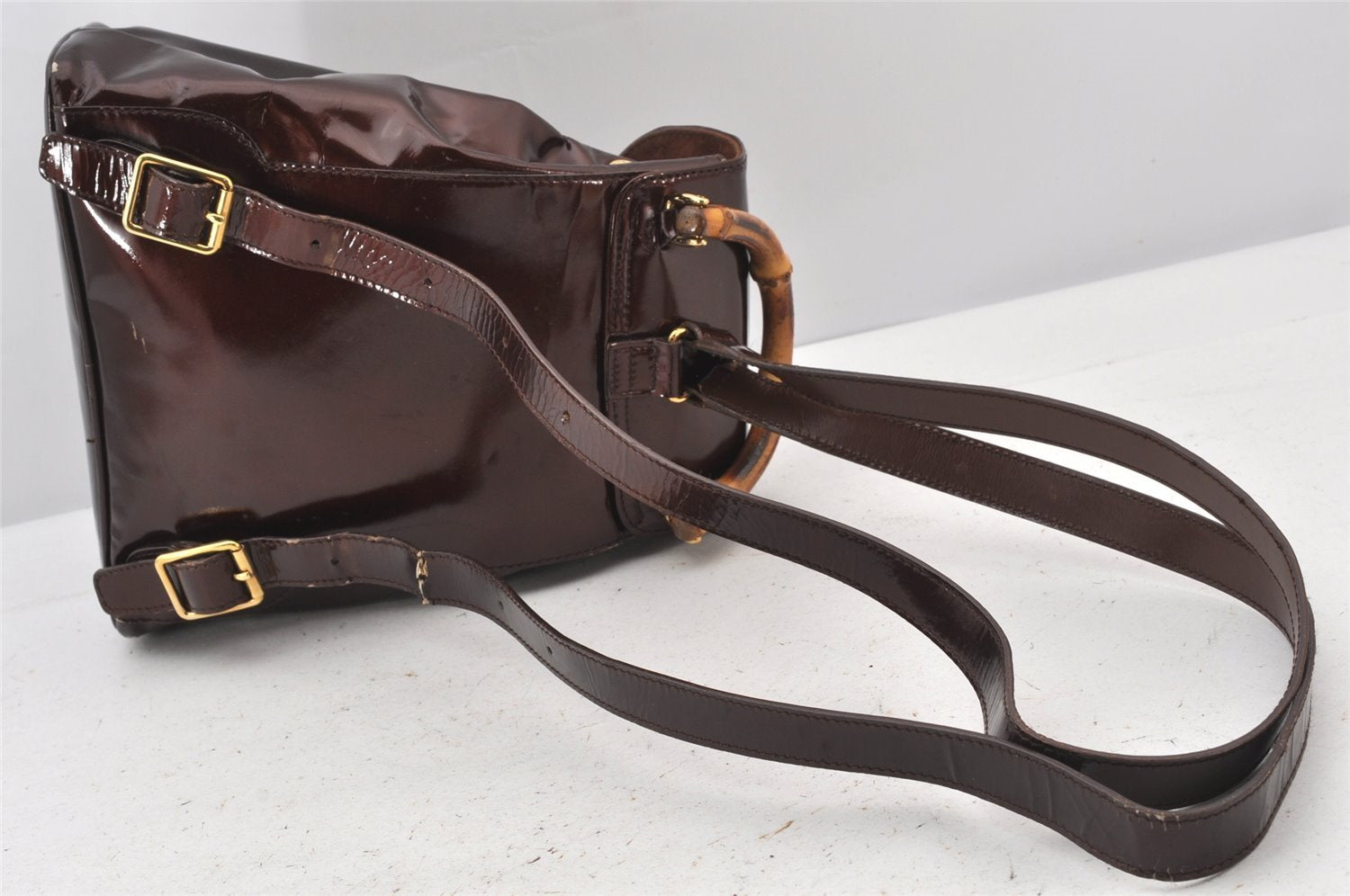 Authentic GUCCI Vintage Bamboo Drawstring Backpack Purse Enamel Brown 4896K