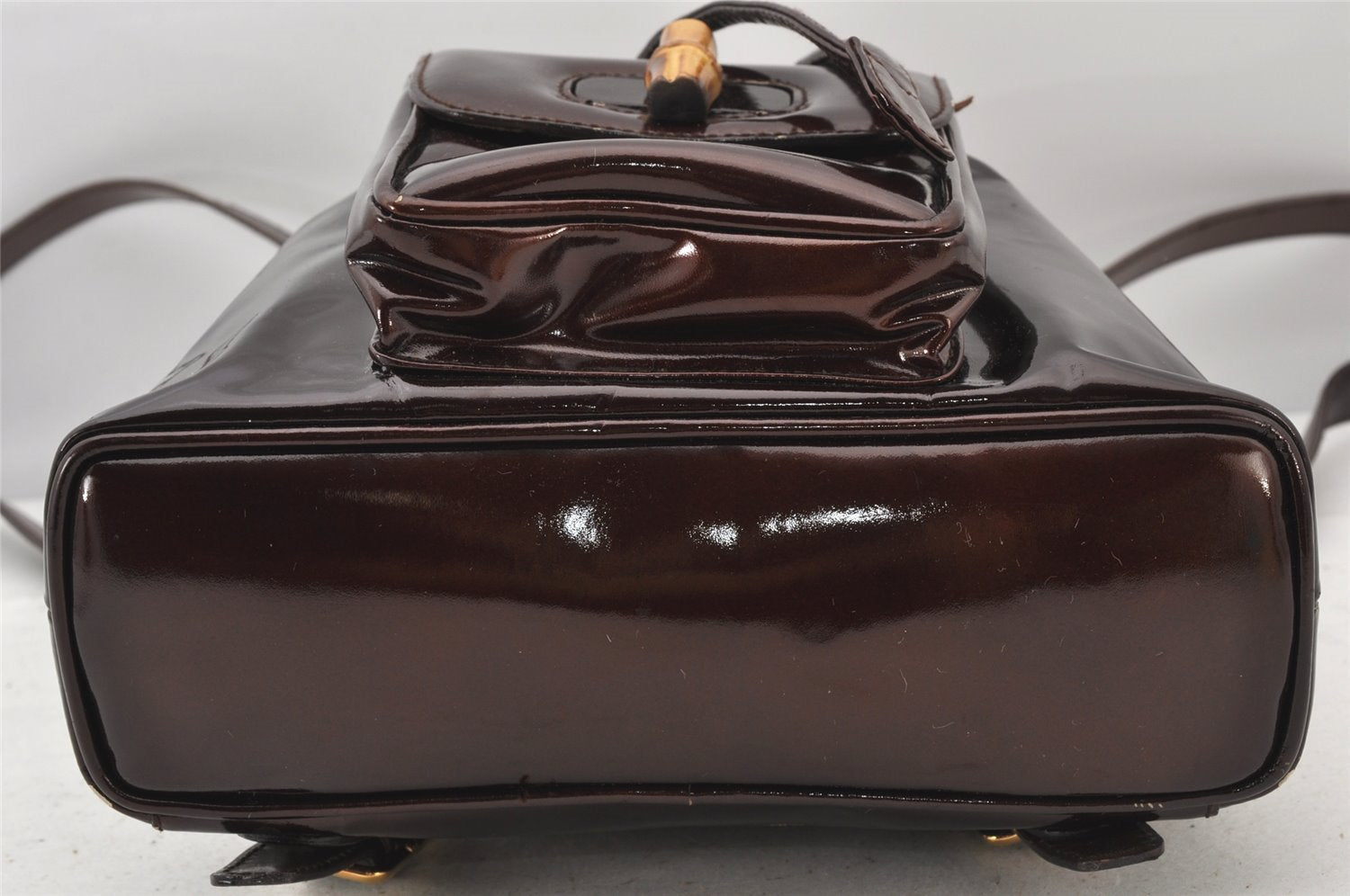 Authentic GUCCI Vintage Bamboo Drawstring Backpack Purse Enamel Brown 4896K