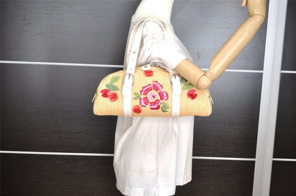 Authentic Christian Dior Shoulder Hand Bag Flower Straw Leather Beige CD 4901I