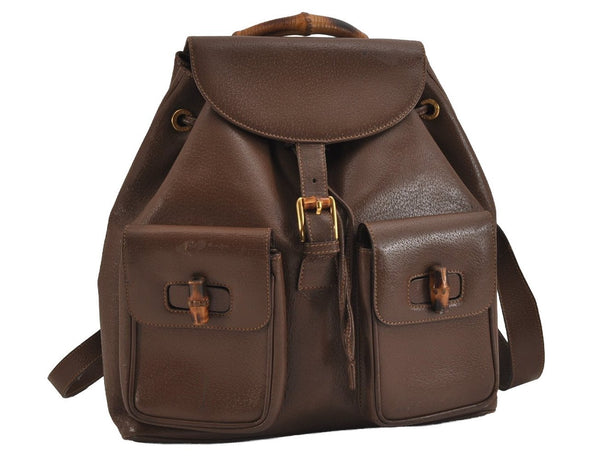 Authentic GUCCI Bamboo Vintage Drawstring Backpack Leather Brown 4902J