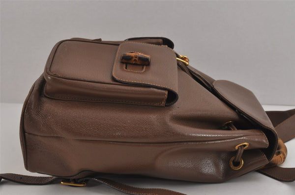 Authentic GUCCI Bamboo Vintage Drawstring Backpack Leather Brown 4902J