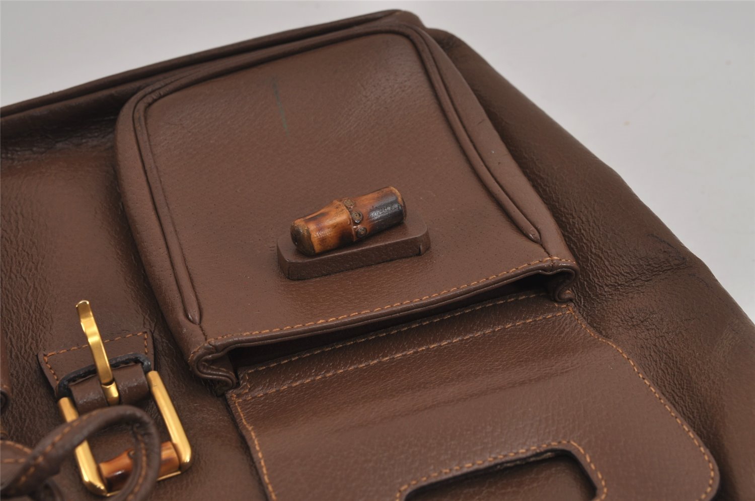 Authentic GUCCI Bamboo Vintage Drawstring Backpack Leather Brown 4902J