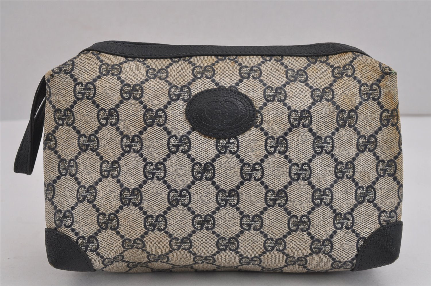 Authentic GUCCI Clutch Hand Bag Purse GG PVC Leather Navy Blue Junk 4905J