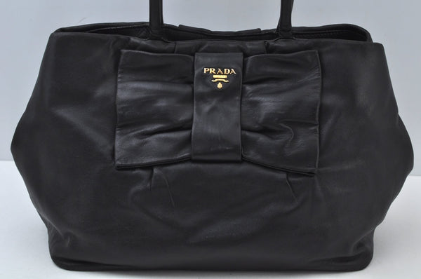 Authentic PRADA Vintage Fiocco Ribbon Leather Hand Tote Bag Black 4906J
