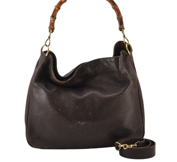 Authentic GUCCI Bamboo 2Way Shoulder Bag Leather Brown Junk 4908K