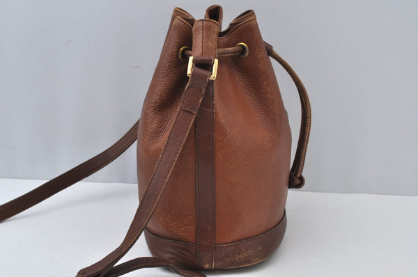 Authentic Burberrys Leather Shoulder Cross Body Drawstring Bag Purse Brown 4911J