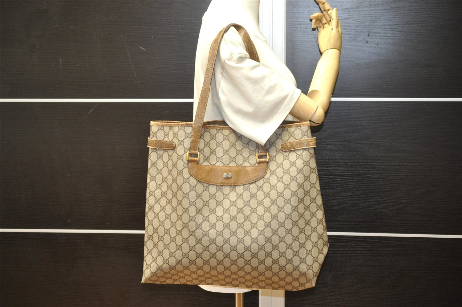 Authentic GUCCI Vintage Shoulder Tote Bag GG PVC Leather Brown 4913K