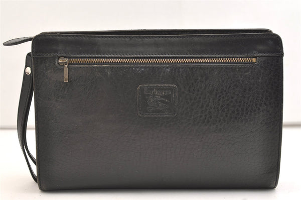 Authentic Burberrys Vintage Leather Clutch Hand Bag Purse Black 4917J