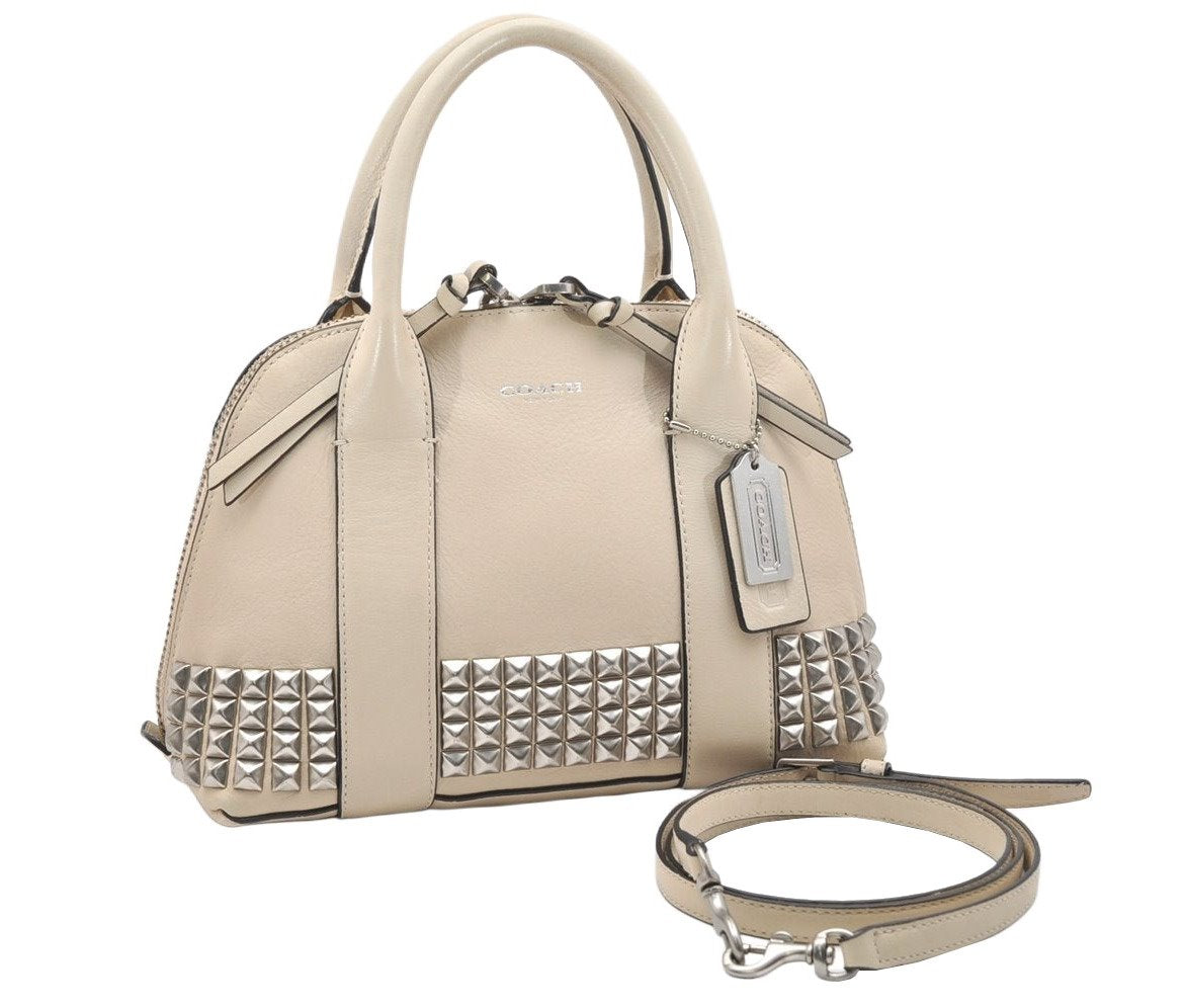 Authentic COACH Bleecker Studs 2Way Shoulder Hand Bag Leather 32244 Beige 4919K