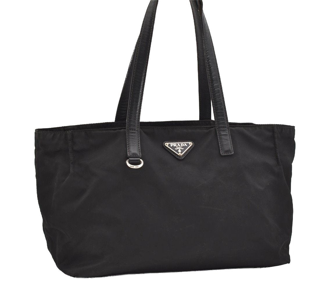 Authentic PRADA Nylon Tessuto Saffiano Leather Shoulder Tote Bag Black 4923J