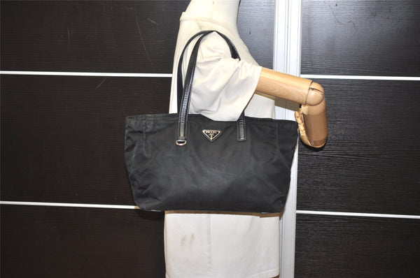 Authentic PRADA Nylon Tessuto Saffiano Leather Shoulder Tote Bag Black 4923J