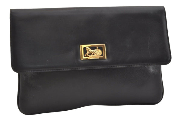 Authentic CELINE Horse Carriage Clutch Hand Bag Purse Leather Black 4924J