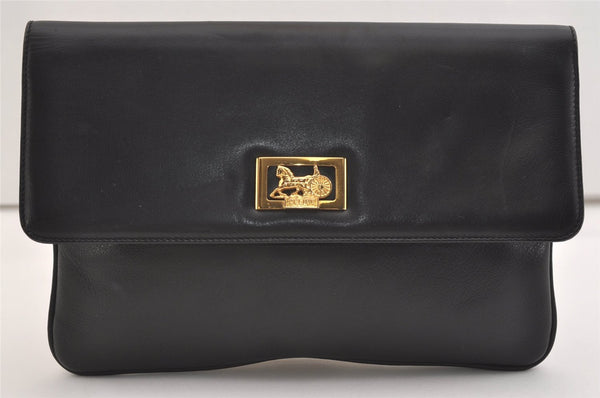 Authentic CELINE Horse Carriage Clutch Hand Bag Purse Leather Black 4924J