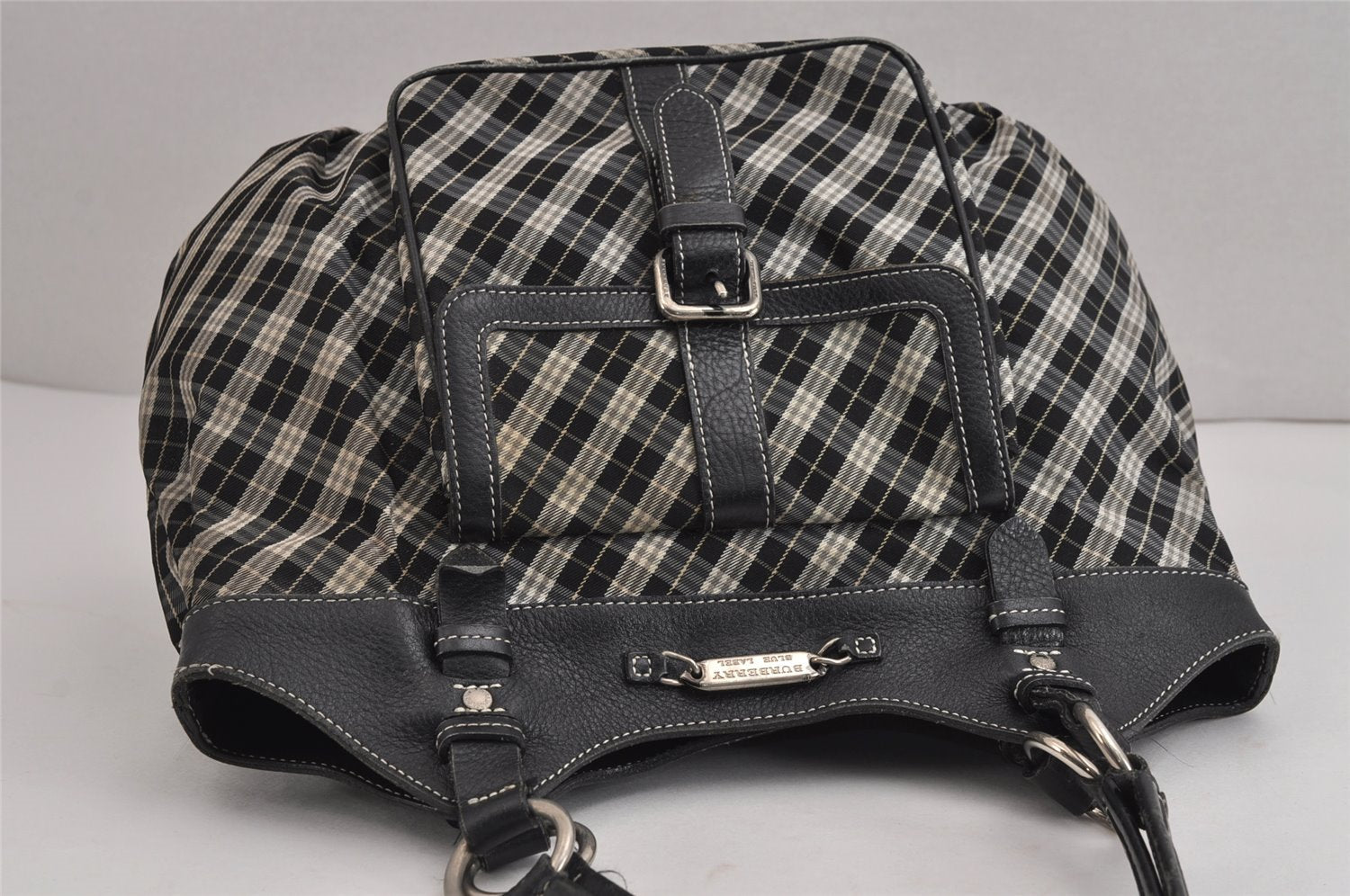 Authentic BURBERRY BLUE LABEL Check Shoulder Tote Bag Nylon Leather Black 4927J