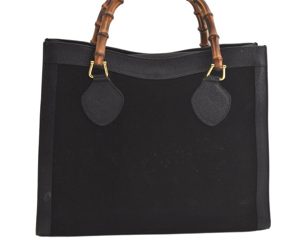 Authentic GUCCI Vintage Bamboo Hand Bag Suede Leather Black 4927K