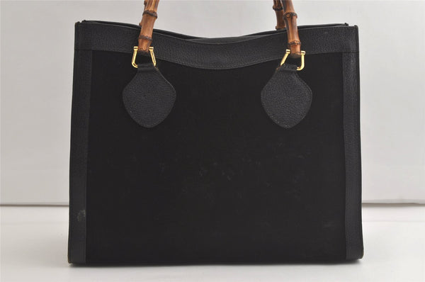 Authentic GUCCI Vintage Bamboo Hand Bag Suede Leather Black 4927K