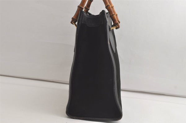Authentic GUCCI Vintage Bamboo Hand Bag Suede Leather Black 4927K