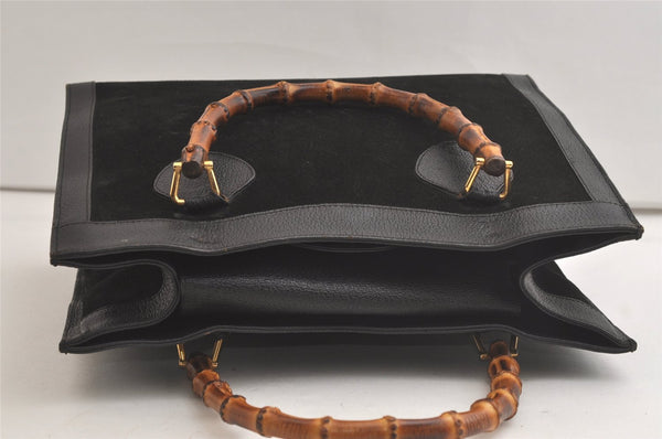 Authentic GUCCI Vintage Bamboo Hand Bag Suede Leather Black 4927K