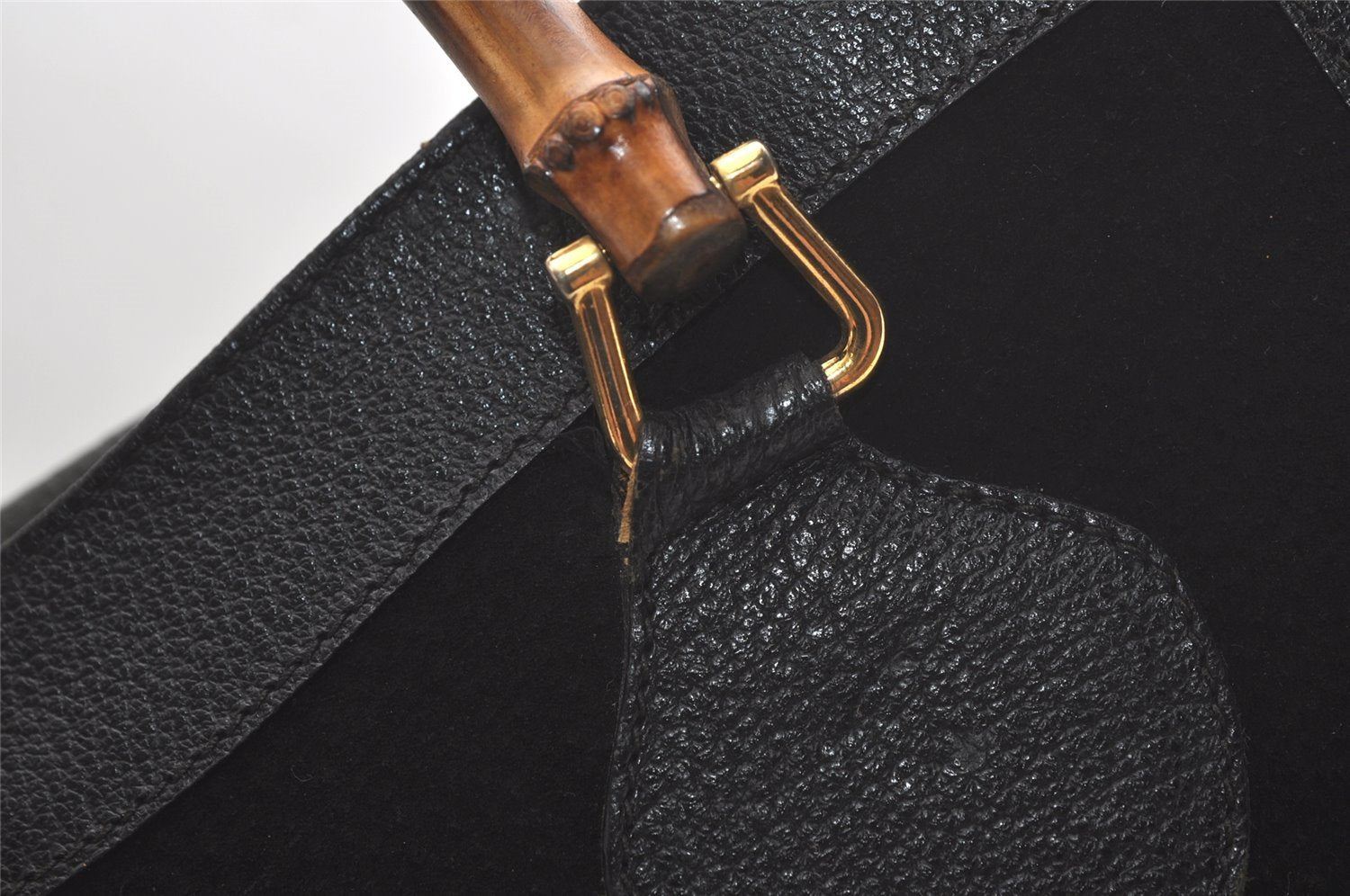 Authentic GUCCI Vintage Bamboo Hand Bag Suede Leather Black 4927K