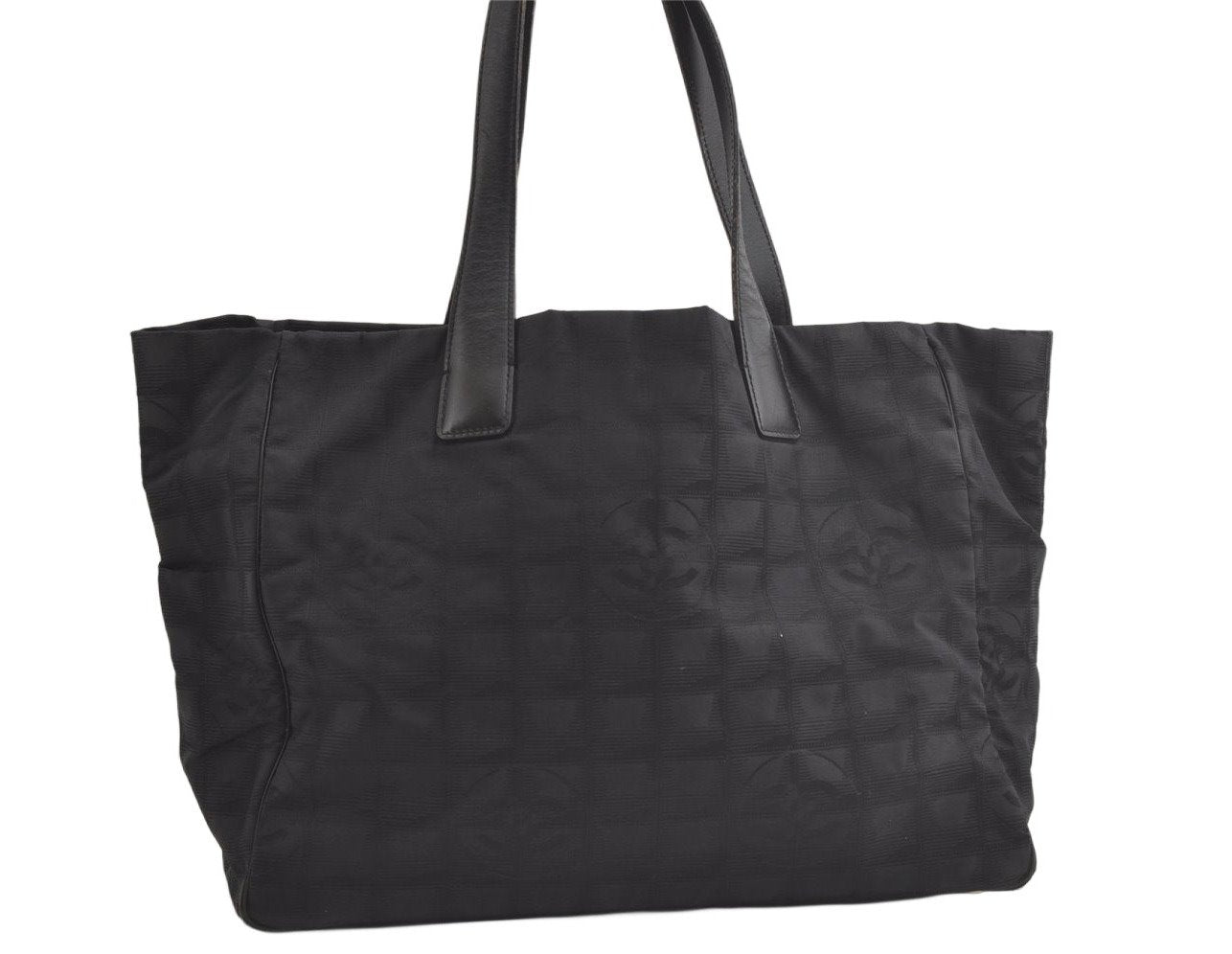 Authentic CHANEL New Travel Line Shoulder Tote Bag Nylon Leather Black 4928K