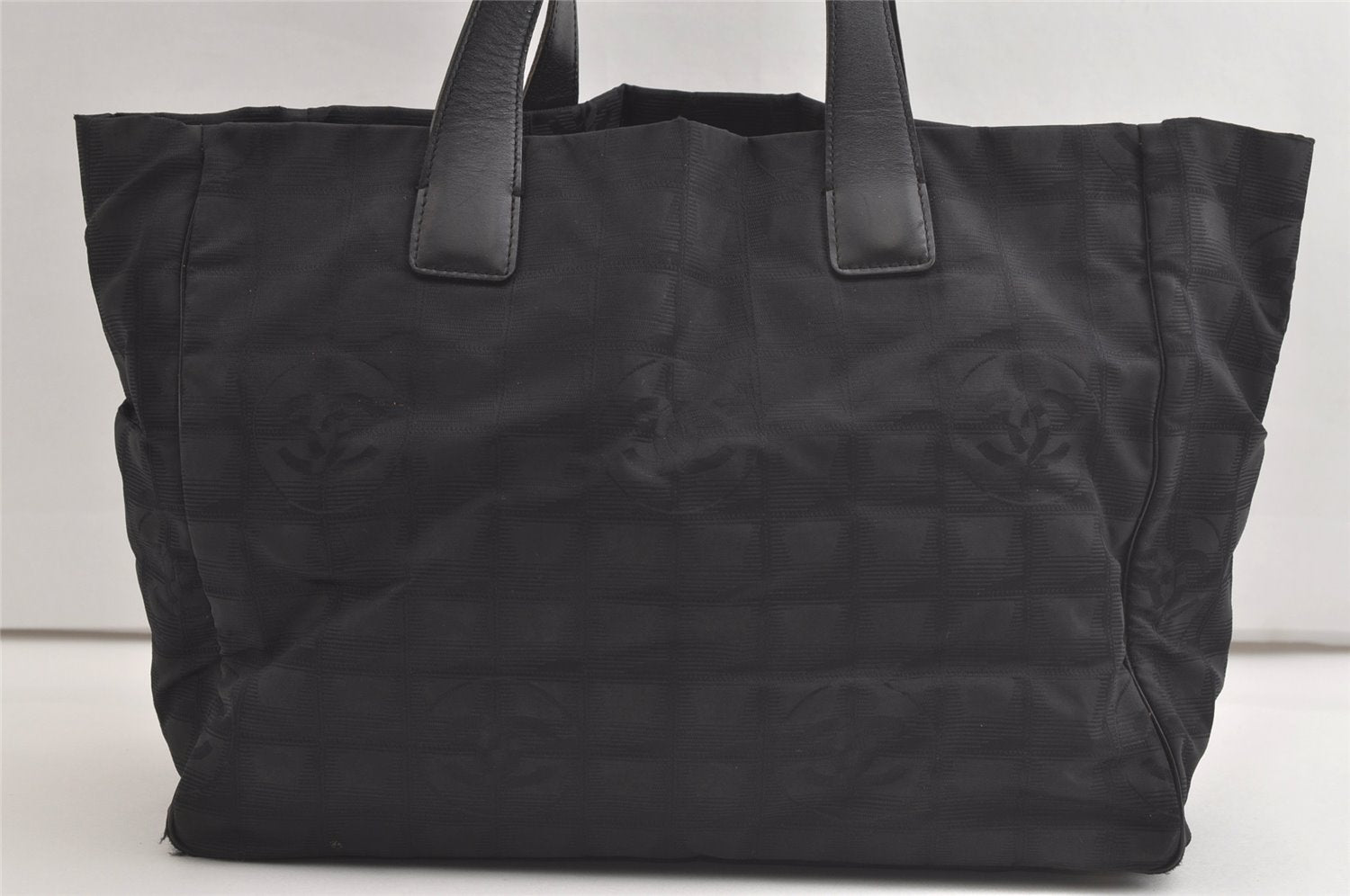 Authentic CHANEL New Travel Line Shoulder Tote Bag Nylon Leather Black 4928K