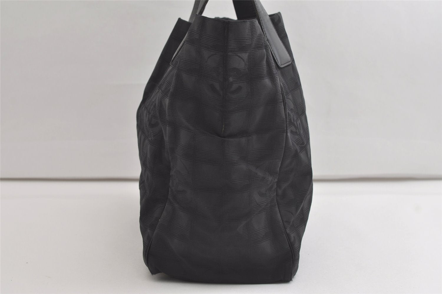 Authentic CHANEL New Travel Line Shoulder Tote Bag Nylon Leather Black 4928K