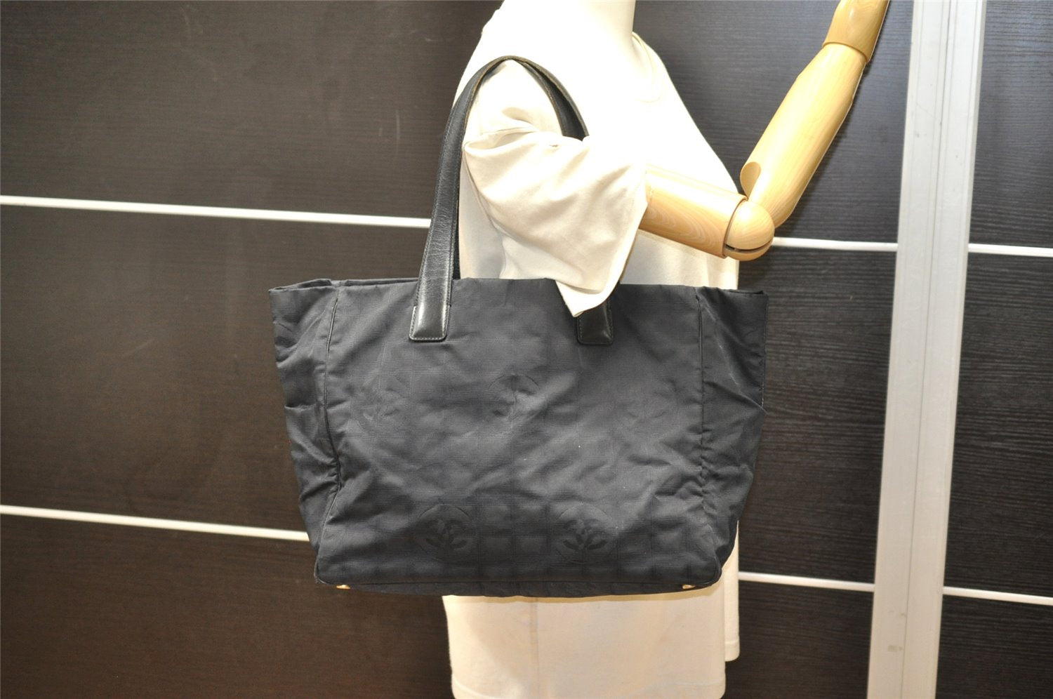 Authentic CHANEL New Travel Line Shoulder Tote Bag Nylon Leather Black 4928K