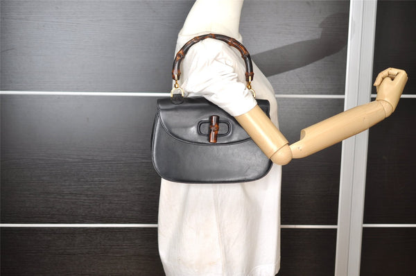 Authentic GUCCI Vintage Bamboo Hand Bag Purse Leather Black 4929I