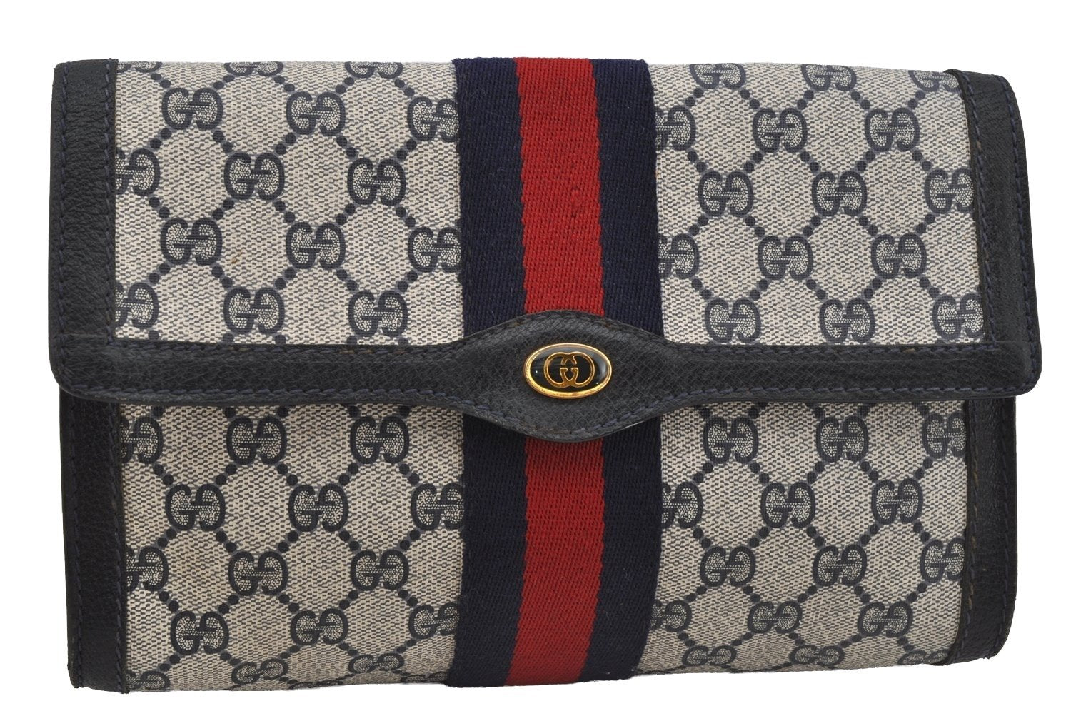Authentic GUCCI Sherry Line Clutch Hand Bag GG PVC Leather Navy Blue Junk 4931J