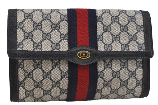 Authentic GUCCI Sherry Line Clutch Hand Bag GG PVC Leather Navy Blue Junk 4931J