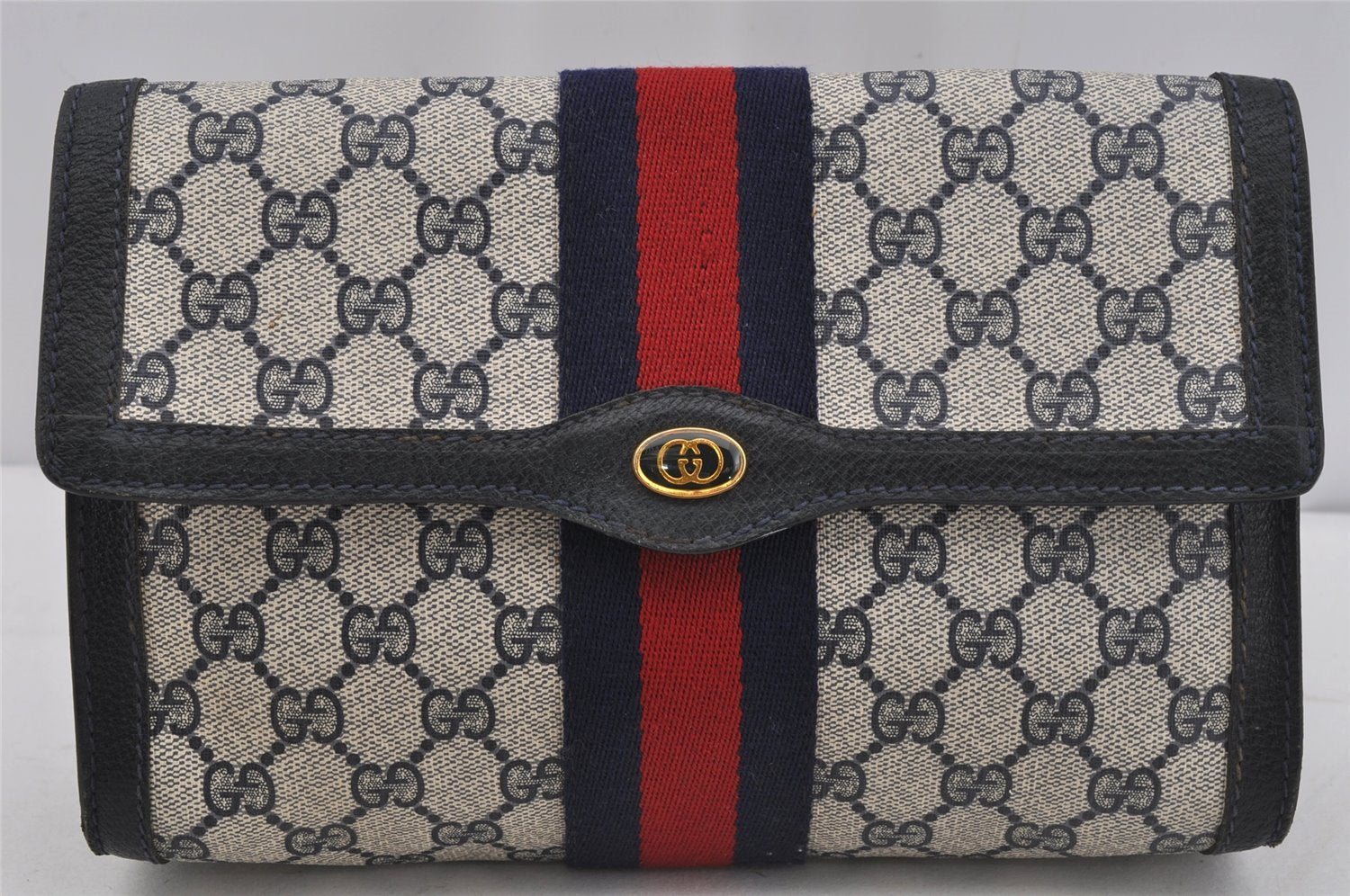 Authentic GUCCI Sherry Line Clutch Hand Bag GG PVC Leather Navy Blue Junk 4931J