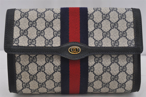 Authentic GUCCI Sherry Line Clutch Hand Bag GG PVC Leather Navy Blue Junk 4931J
