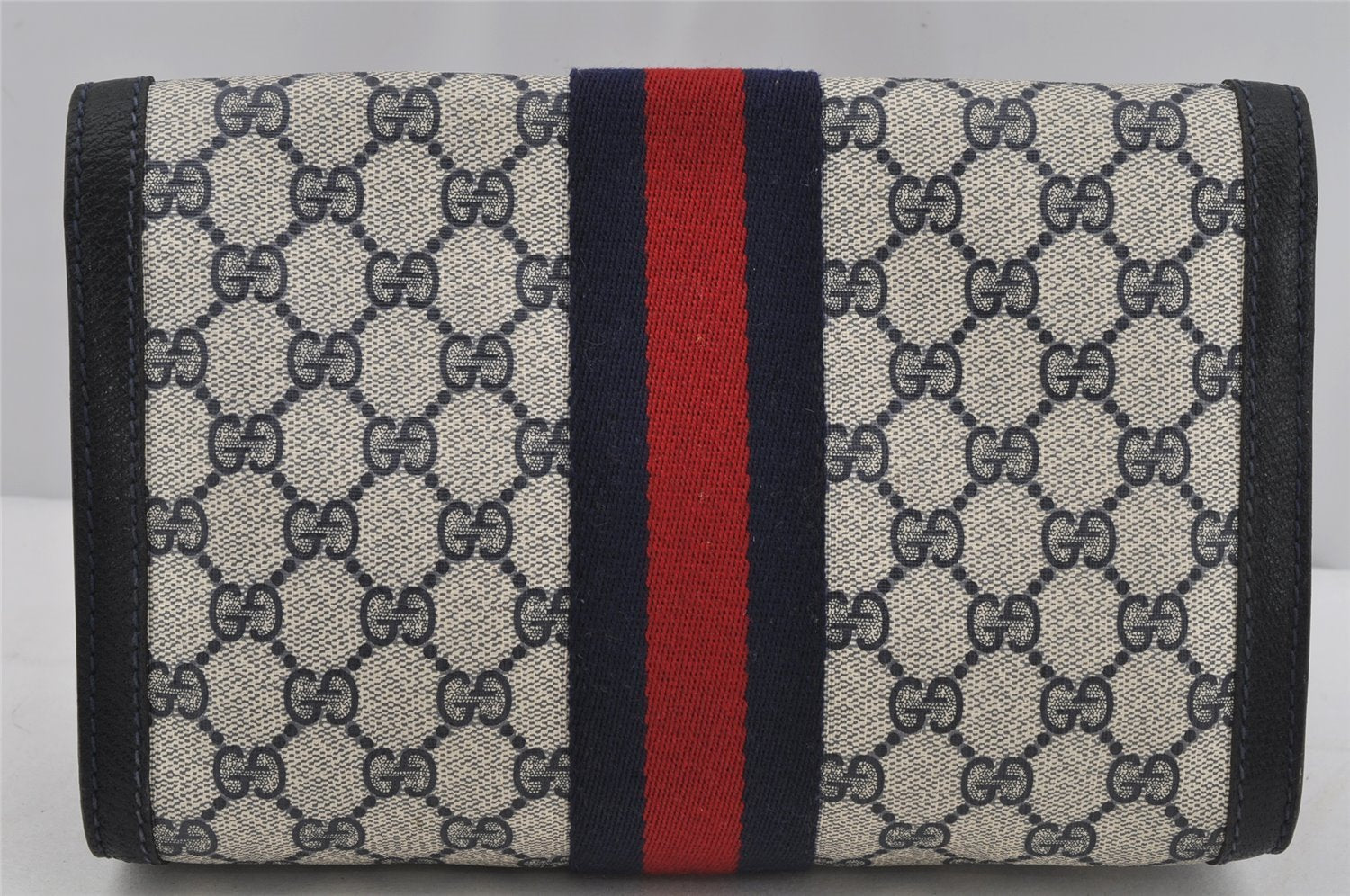 Authentic GUCCI Sherry Line Clutch Hand Bag GG PVC Leather Navy Blue Junk 4931J