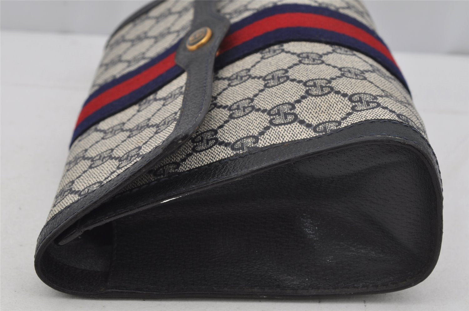 Authentic GUCCI Sherry Line Clutch Hand Bag GG PVC Leather Navy Blue Junk 4931J